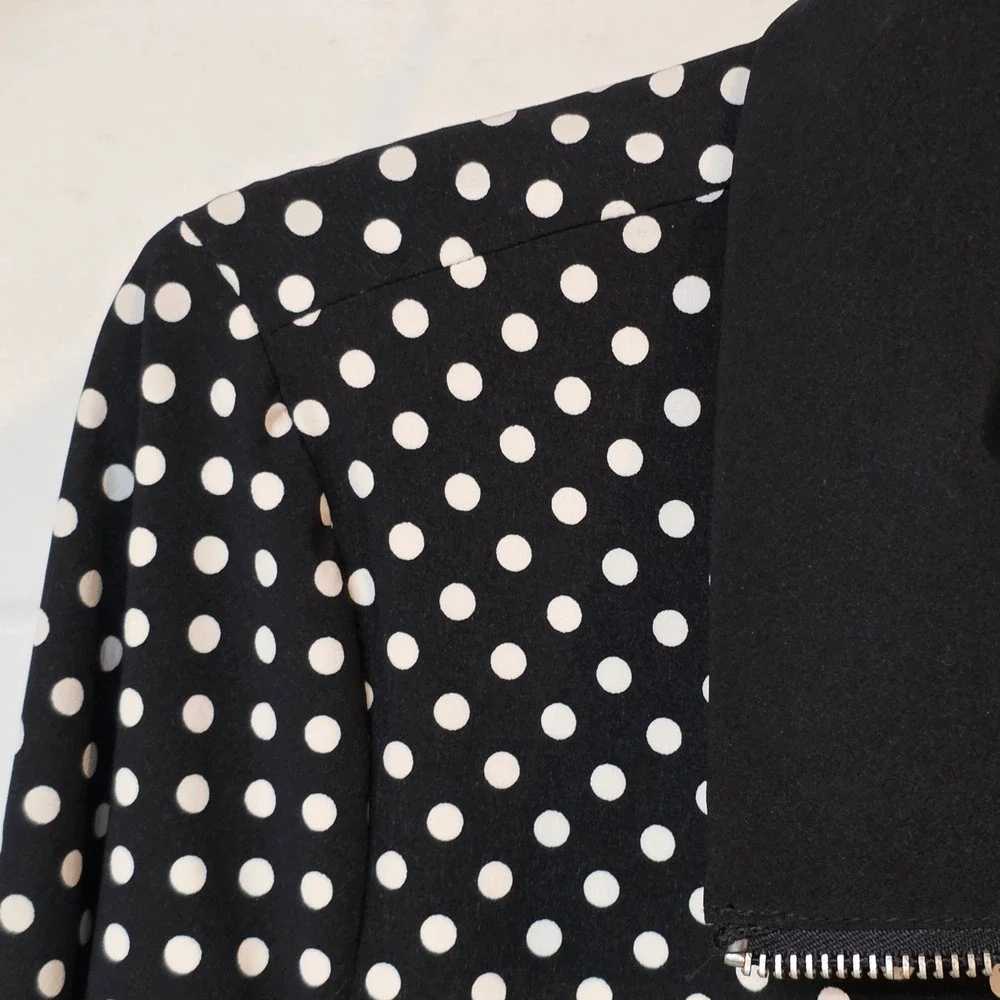 Laura Ashley Black White Polka‎ Dot Zip Up Light Jacket Drawstring Waist Women M